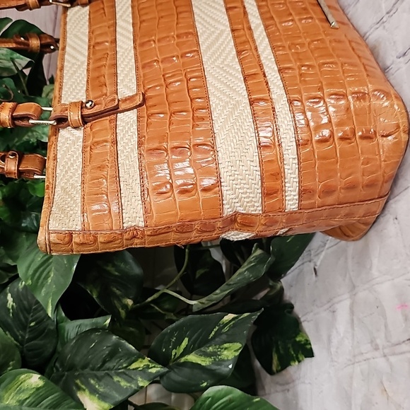 Brahmin Mini Asher Whiskey Stripe Raffia Tan and Cream Leather Tote Bag - Picture 4 of 14